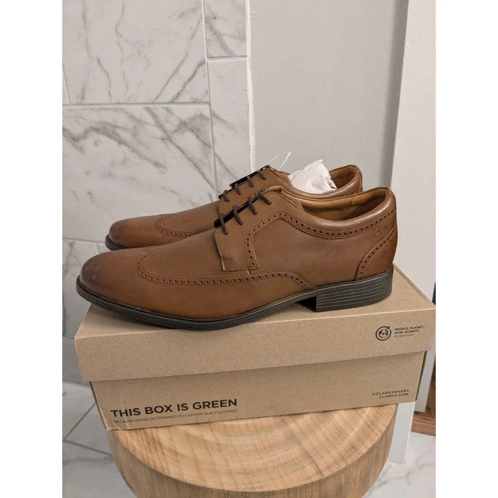 Clarks Whiddon Wing Mens Dark Tan Leather Wingtip Oxford Dress Shoes -‎ Size 14M
